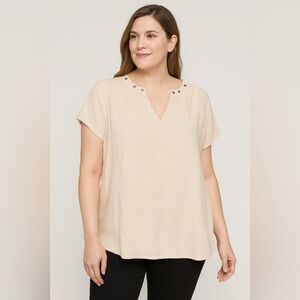 ✅3-for-$12✅ MINE Womens Beige Top Eyelet V Neck Short Sleeve Blouse Size L‎